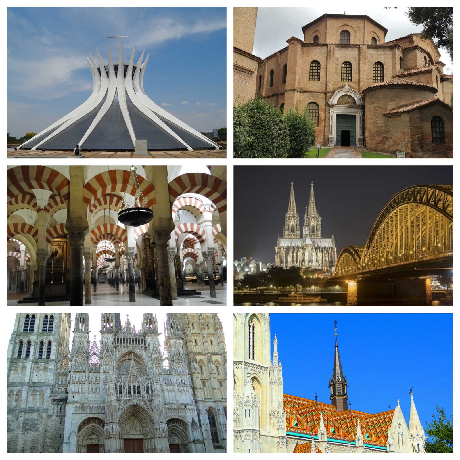 6 Incríveis igrejas e suas histórias. Catedral de Brasília, Basílica de San Vitale, Mesquita de Córdoba, Catedral de Colônia, Catedral de Rouen, Igreja de Matias.
